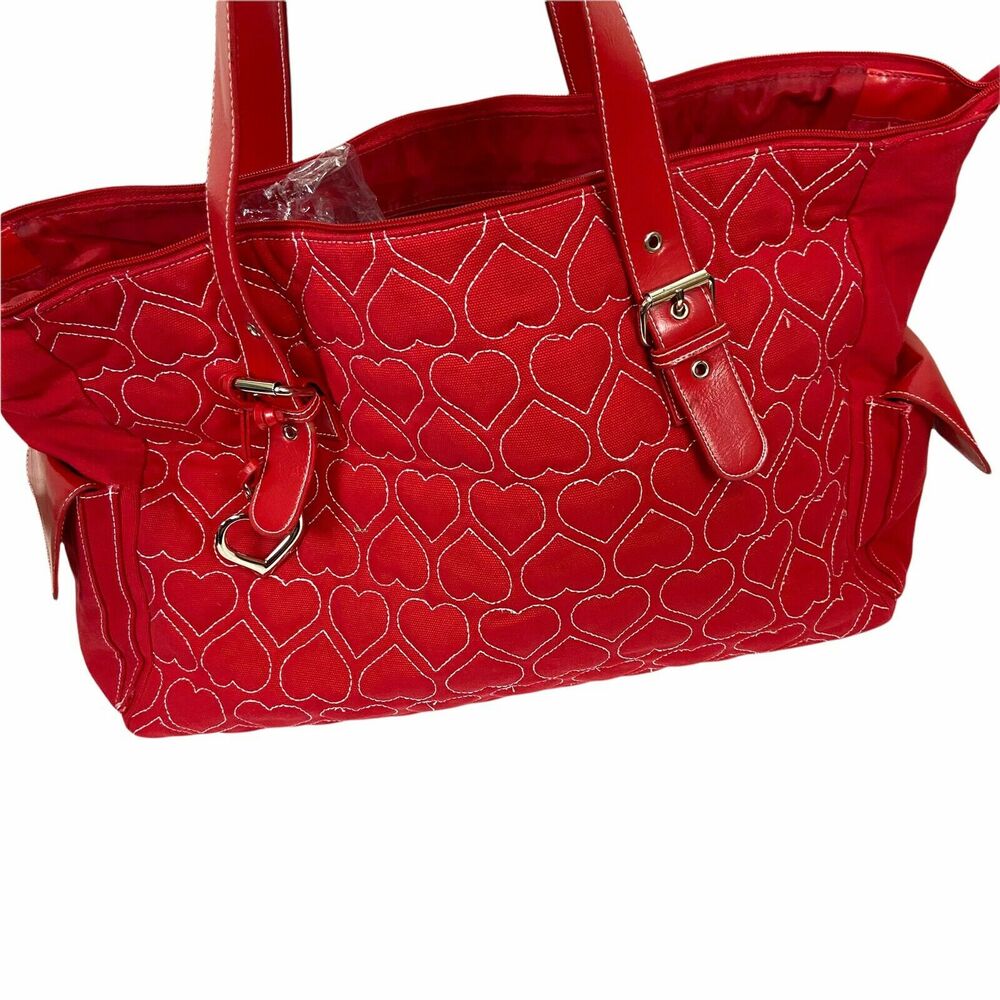Bueno Tote Hand Bag Women's Red Hearts Big Double Handles Zipper 13.5"X18"X6.5"